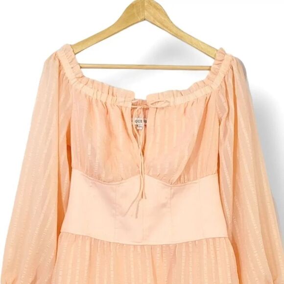 NEW Guess Sheer Chiffon Corset Bardot Milkmaid Peasant Mini Dress in Peach Large - Picture 4 of 13